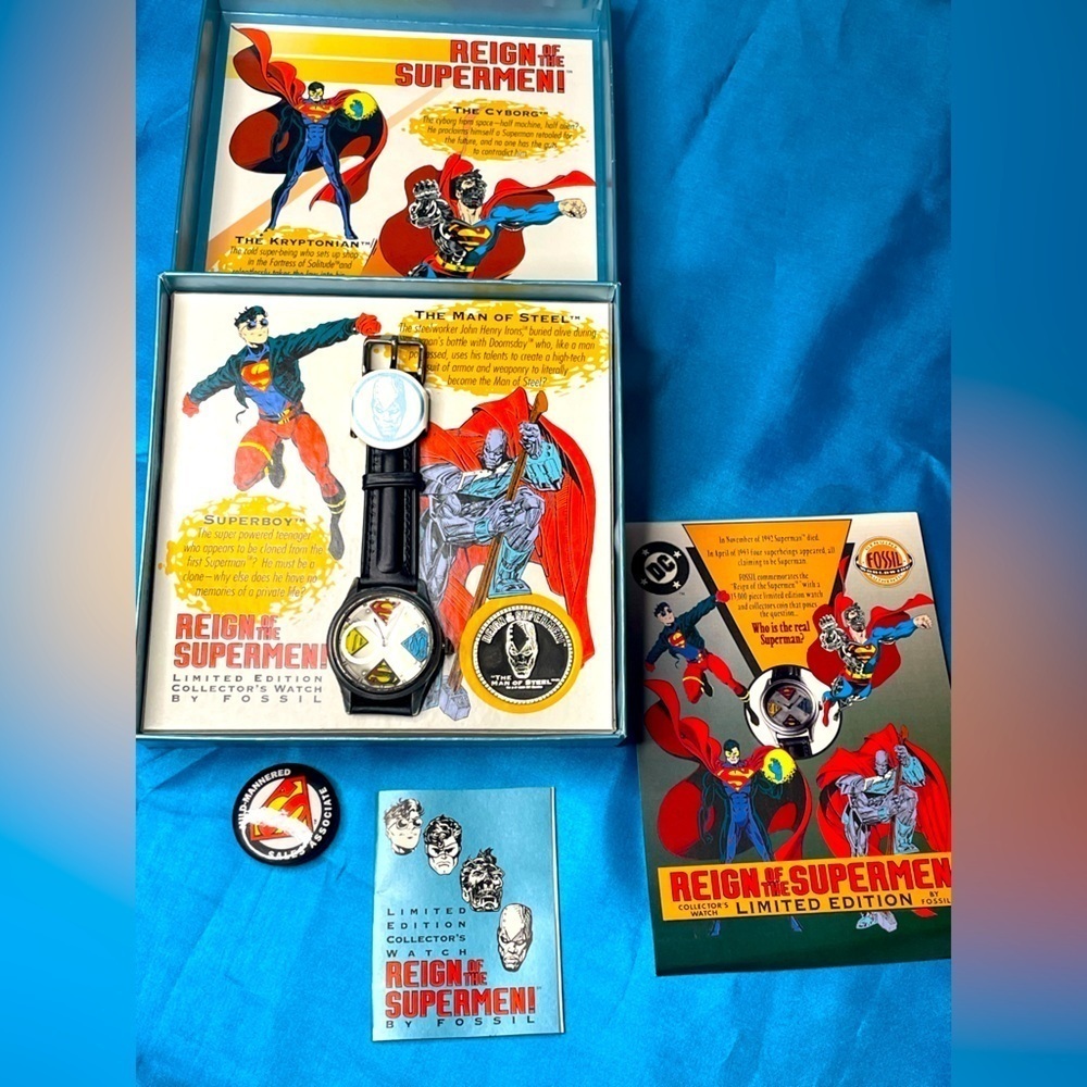 FOSSIL COMMEMORATIVE WATCH “REIGN OF THE SUPERMEN” 1993 COA NIB NUMBERED